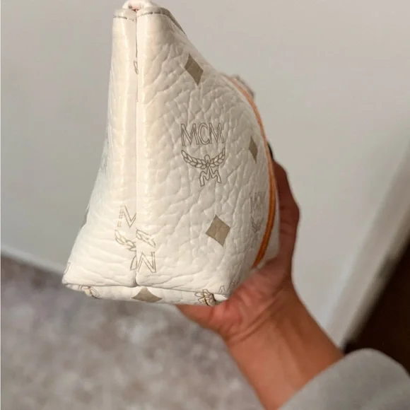 MCM White Leather Cosmetic Pouch with Pink, Orange & Yellow Stripes - Picture 2 of 6